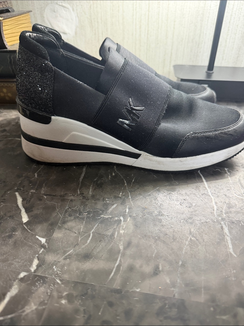 Michael Kors Black Slip-On Wedge Sneakers with Glitter Heel